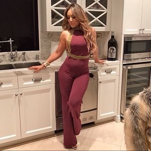 One Piece Maroon Jumpsuit With Crystals